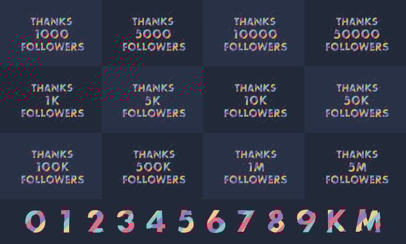 Thanks Followers Greeting card bundle. Thank you 1000, 1k, 10000, 10k, 50k, 1M, 5M Followers celebration social media bundle design. vector
