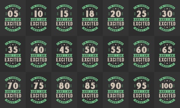 Happy Birthday design bundle. Retro Vintage Birthday Typography bundle. Don't be Jealous just because I'm 5, 10, 15, 10, 15, 20, 25, 30, 35, 40, 45, 50, 55, 60, 65, 70, 75, 80, 85, 90, 95, 100 vector