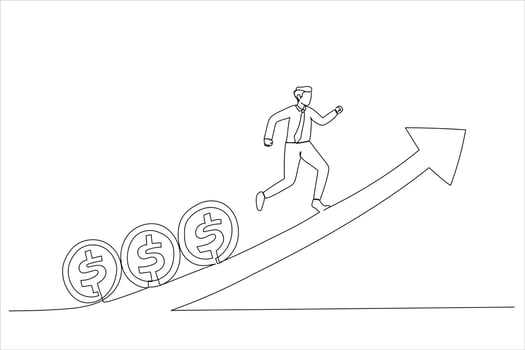 Illustration of fund manager holding flag lead money coins running up rising graph. Stock market growth or fund flow. One line art style vector