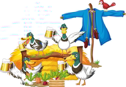 Cartoon duck group in farm vector