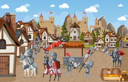 Medieval village scene castle background vector