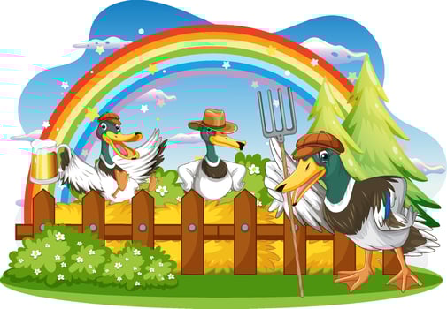 Happy duck group in nature scene vector