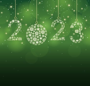 The Year 2023 Christmas Ball Symbol On A Green Square Background. Vector Illustration.