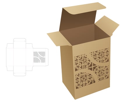 Cardboard packaging box with stenciled window die cut template and 3D mockup vector