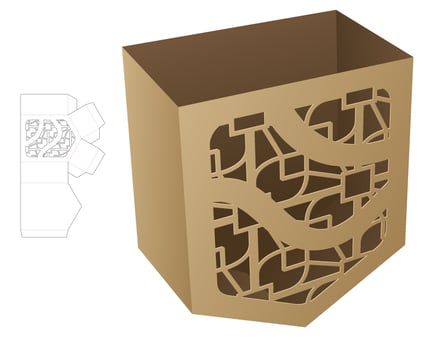 Stenciled bottom angle container die cut template and 3D mockup vector