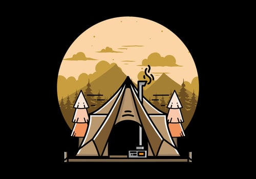 Large glamping tent with heater and chimney illustration design vector