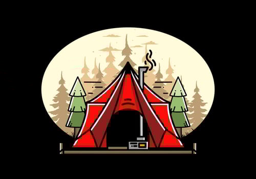 Large glamping tent with heater and chimney illustration design vector