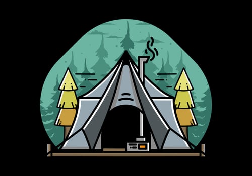 Large glamping tent with heater and chimney illustration design vector