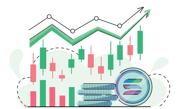 Solana coin Growth trend crypto Bullish wave in the cryptocurrency market. price rise, bull market. good growth trend. Green arrow and coin with logo SOL. vector isolated on white