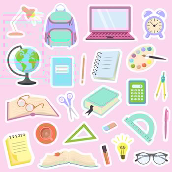 Collection of stickers with school supplies and stationery. Scrapbooking elements. School and education concept. vector