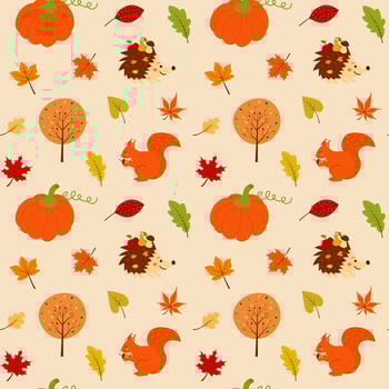 Seamless pattern with pumpkins, autumn leaves, squirrel, hedgehog and tree. vector