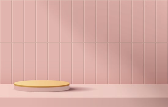 Cosmetic background and premium podium podium on the table with pink tile texture wall scene and display for product presentation branding and packaging presentation. studio stage vector design