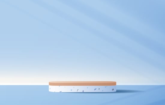 Cosmetic blue background and terrazzo marble premium podium display for product presentation branding and packaging presentation. studio stage with shadow of leaf background. vector design