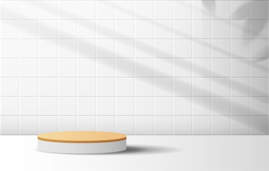 Cosmetic background and premium podium podium on the table with white tile texture wall scene and display for product presentation branding and packaging presentation. studio stage vector design