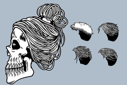 hand drawn skull with various hair vector illustration set monochrome style