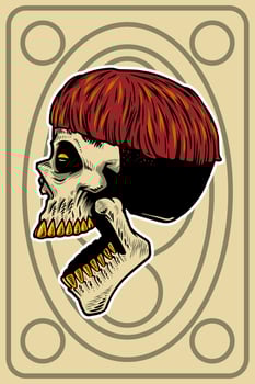 hand drawn skull head with cool hair and open mouth card illustration vector