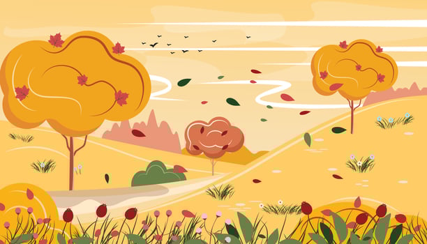 Beautiful and peaceful landscape with trees, berries, fields and birds. Autumn landscape illustration. vector
