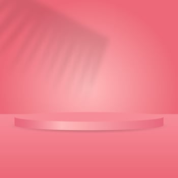 blank shiny podium with leaves shadow on pink wall studio room background scene vector
