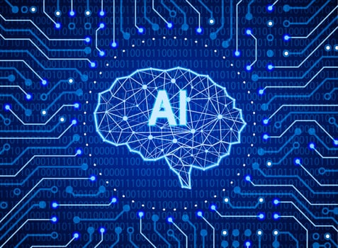 Polygon brain neon lines on circuit and binary code background. Artificial intelligence abstract template. Concept of Technology, Engineering, Learning, Business and Science vector illustration.