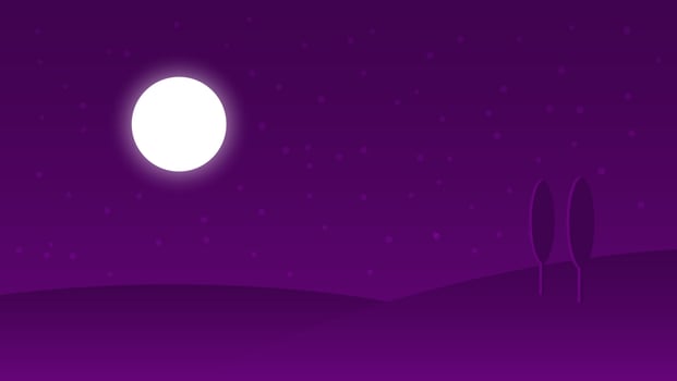 night landscape cartoon scene. dark hill with full moon and tree in starry sky vector