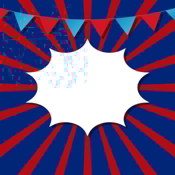 blank white speech bubble on red and blue sunburst background with colorful bunting flag vector