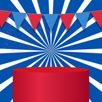 blank red podium on white and blue sunburst background with colorful bunting flag f vector