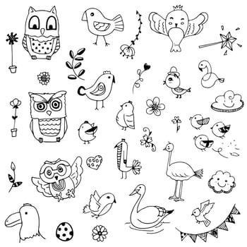 Cute bird doodle design element in black line with flower vector