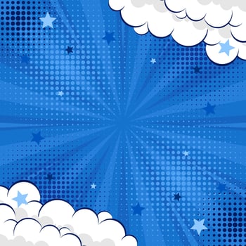Blue abstract comic background pop art background for poster or book in blue color radial rays backdrop with halftone and cloud effect vector