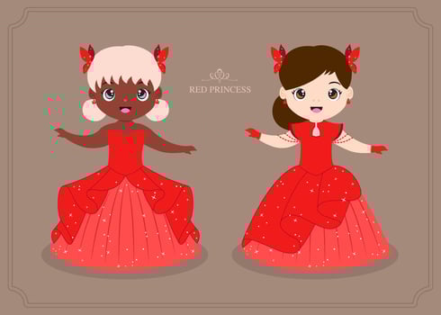 couple of little princess in red dress illustration vector