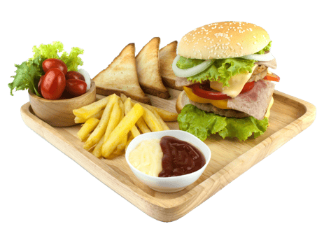 Pork hamburger Homemade with grilled bacon contains vegetables, cheese, lettuce, onion, chilli, spices in a wooden dish isolated on white backgroud png