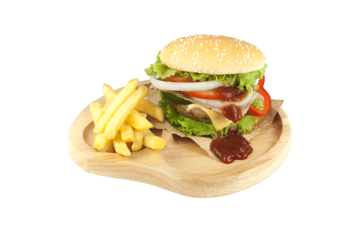 Pork hamburger Homemade with grilled bacon contains vegetables, cheese, lettuce, onion, chilli, spices in a wooden dish isolated on white backgroud png