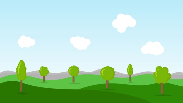 landscape cartoon scene with green trees on hills and white fluffy cloud in summer blue sky background vector