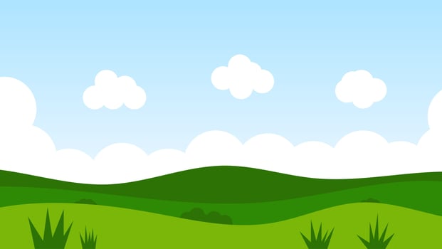 landscape cartoon scene with green trees on hills and white fluffy cloud in summer blue sky background vector