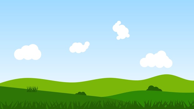 landscape cartoon scene with green trees on hills and white fluffy cloud in summer blue sky background vector