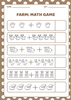 Math game. Farm animal worksheet vector