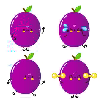 Funny cute happy plum characters bundle set. Vector hand drawn doodle style cartoon character illustration icon design. Cute plum mascot character collection