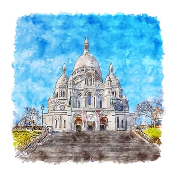 Montmartre Paris France Watercolor sketch hand drawn illustration vector
