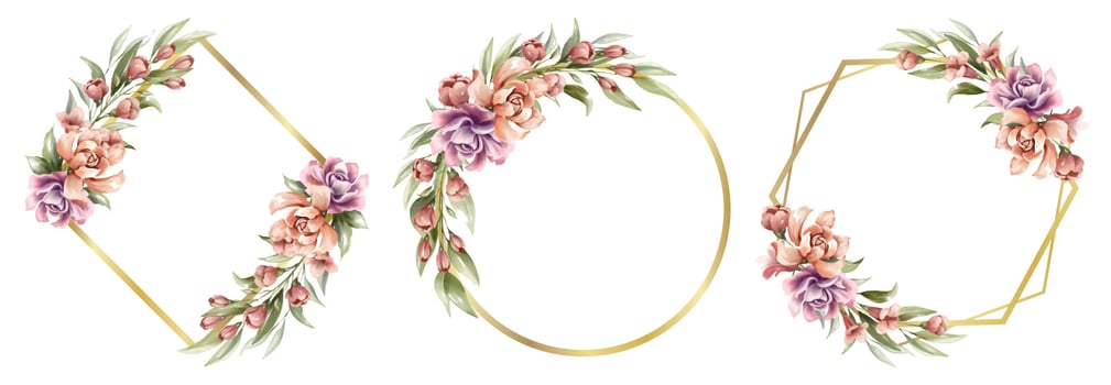Beautiful purple and orange floral watercolor with golden frame vector
