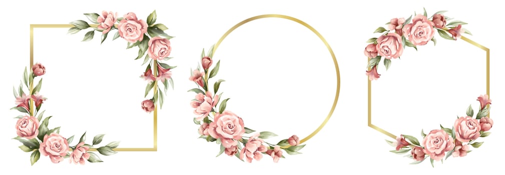 Beautiful pink floral watercolor with golden frame vector