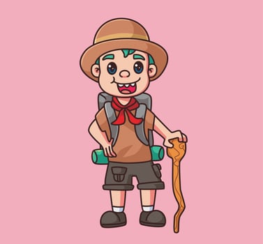 explorer holding a stick. Isolated cartoon person illustration. Flat Style Sticker element vector