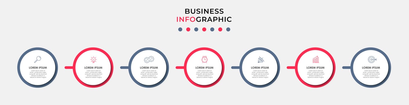 Business Infographic design template Vector with icons and 7 options or steps. Can be used for process diagram, presentations, workflow layout, banner, flow chart, info graph