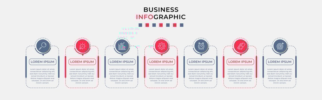 Business Infographic design template Vector with icons and 7 options or steps. Can be used for process diagram, presentations, workflow layout, banner, flow chart, info graph