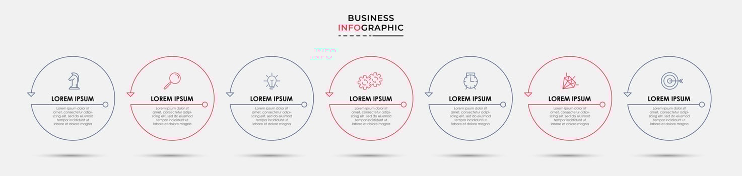 Business Infographic design template Vector with icons and 7 options or steps. Can be used for process diagram, presentations, workflow layout, banner, flow chart, info graph