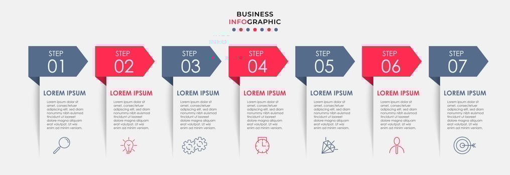 Business Infographic design template Vector with icons and 7 options or steps. Can be used for process diagram, presentations, workflow layout, banner, flow chart, info graph
