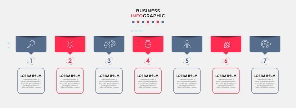 Business Infographic design template Vector with icons and 7 options or steps. Can be used for process diagram, presentations, workflow layout, banner, flow chart, info graph