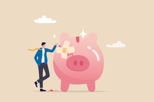 Fix financial problem, investment or saving impacted by crisis or inflation, bankruptcy, deposit or budget concept, poor cracked piggy bank with bandage metaphor of fixing problem. vector