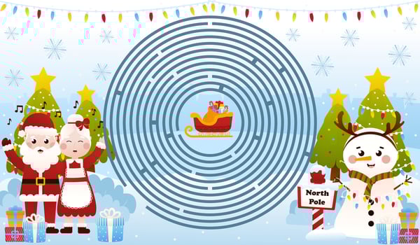 Christmas riddle for kids with mrs ans mrs claus are singing christmas carols with cute snowman, circle maze vector