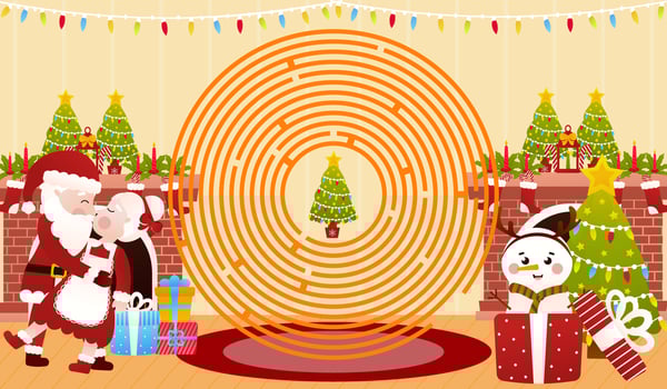 Christmas riddle for kids with mrs ans mrs claus kissing, cute snowman in gift box, circle maze game worksheet vector