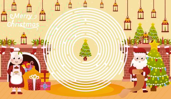 Christmas riddle for kids with santa claus is reading list, mrs claus is holding Christmas cookies, circle maze vector