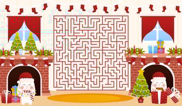 Christmas riddle for kids with cute christmas bunnies, labyrinth maze game, printable worksheet for children vector
